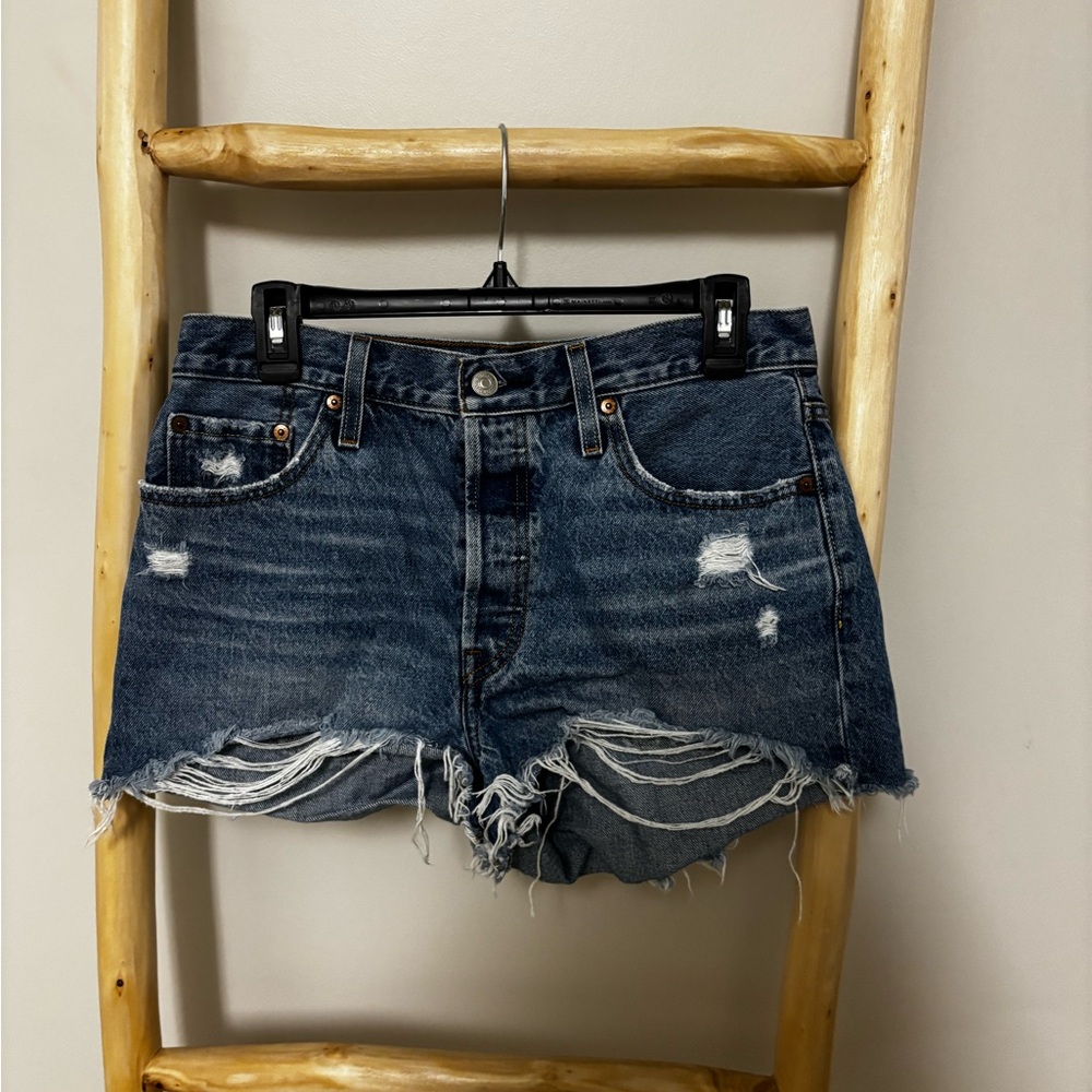 Levi's 501 Blue Distressed Jean Shorts